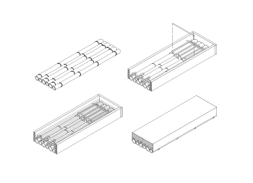 Herstellungssequenz der Bambus-Beton-Verbunddecken. Die Elemente werden in Einzelschalungen gefertigt und dann als Fertigteile im Gebäude installiert.