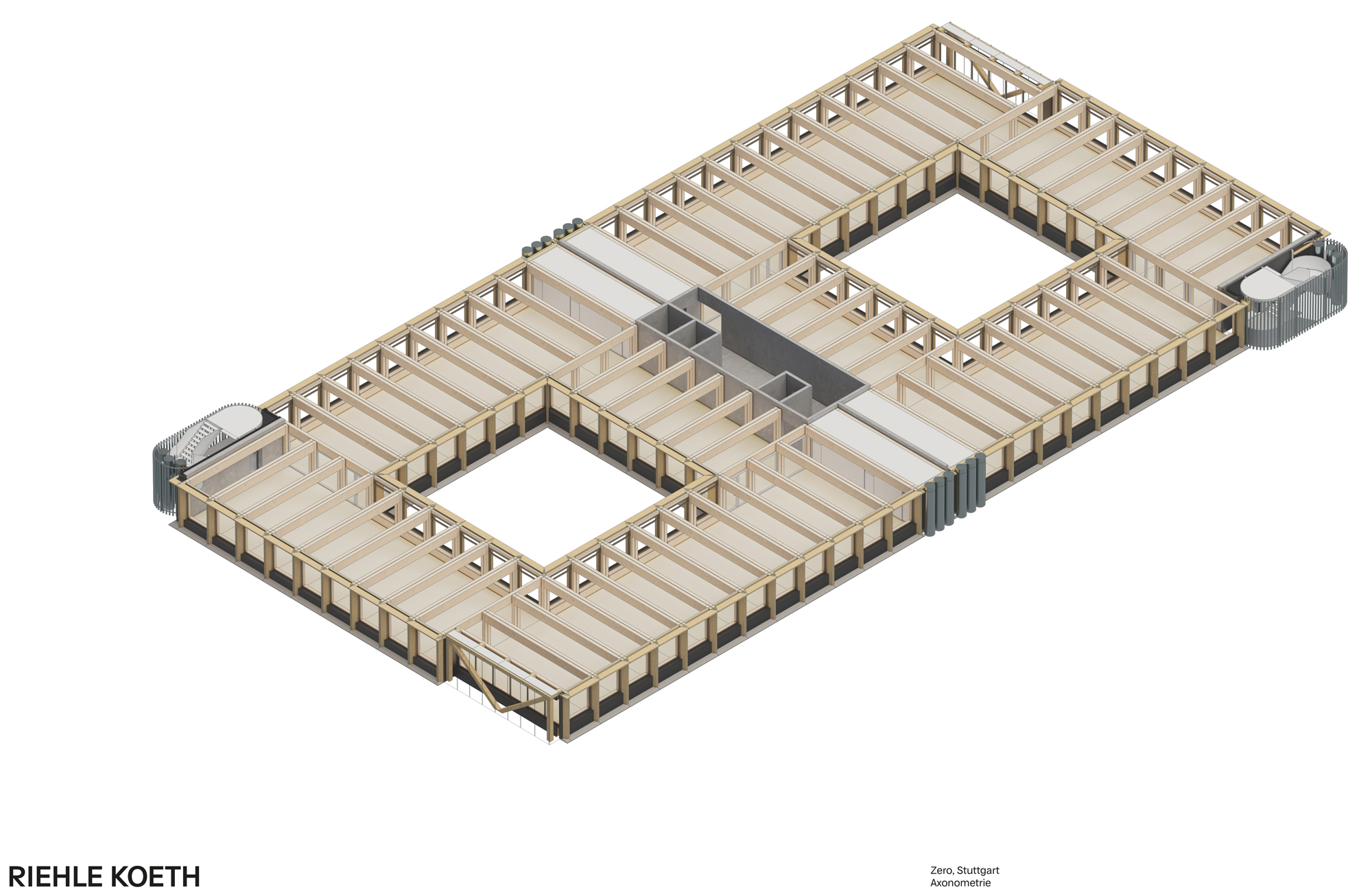 Modules span from the courtyard enclosure to the street facade. The arrangement of offices in circuits ensures flexibility without requiring a corridor.