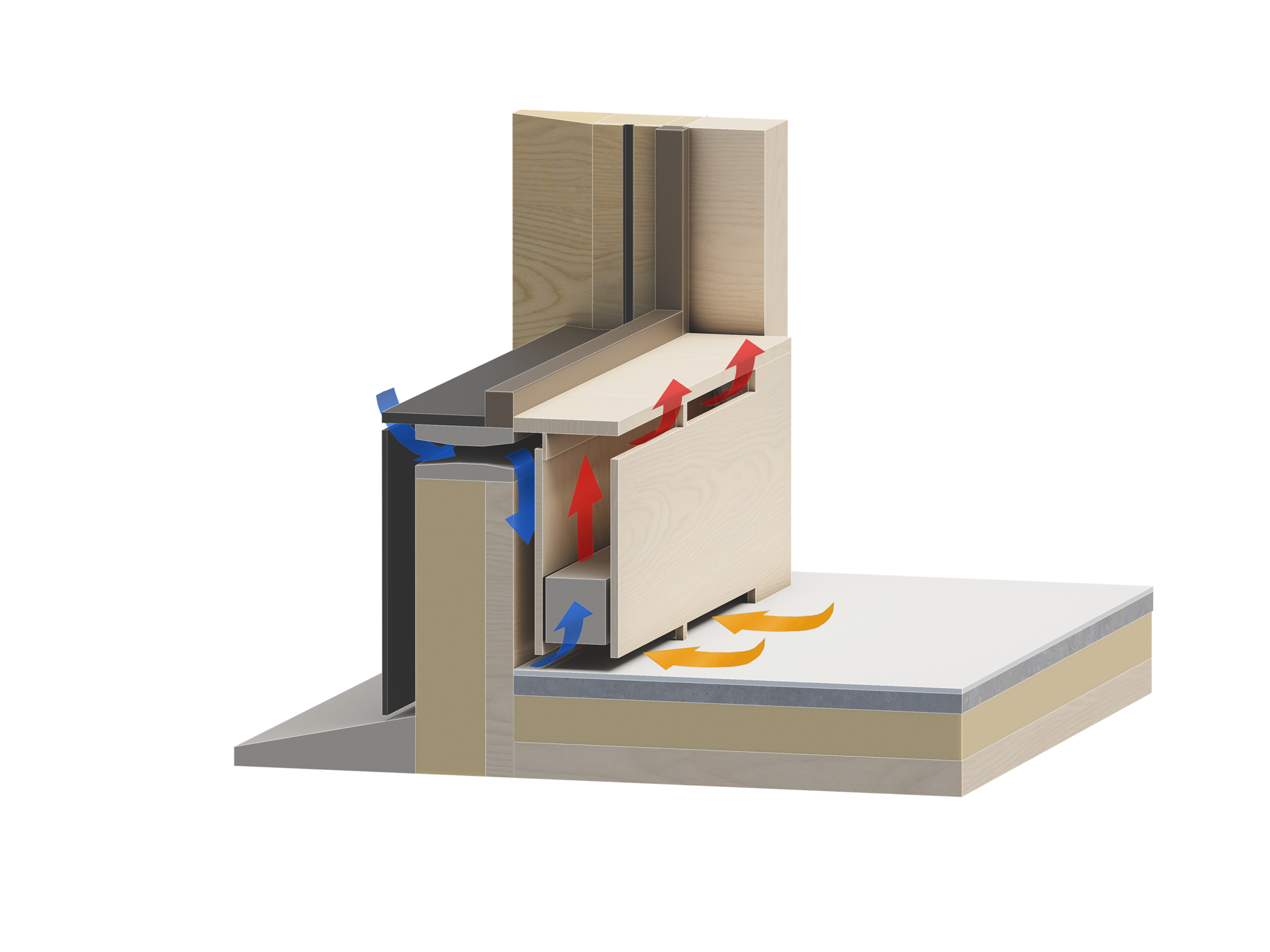 Heating

Cold supply air, pre-­heated in the facade slot, descends inside the spandrel box (blue), where it is heated by a convector. Inside the box, it draws indoor air upward (yellow) and through the window sill slot (red).