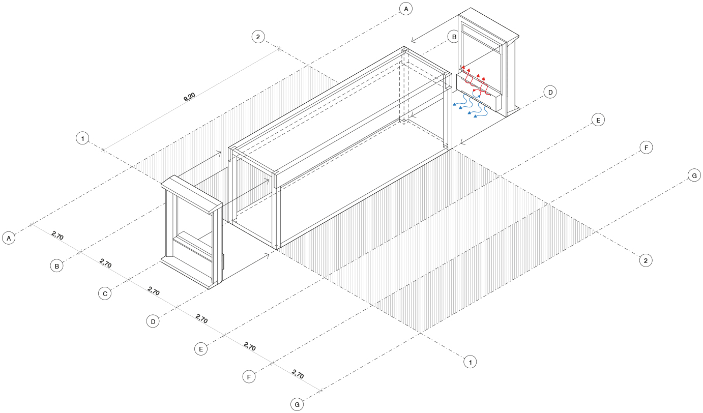 Die Aussteifung übernehmen der zentrale Kern und Wandscheiben aus Stahlbeton in zwei Gebäudeecken. Das Erdgeschoss ist als Holzskelettkonstruktion errichtet.