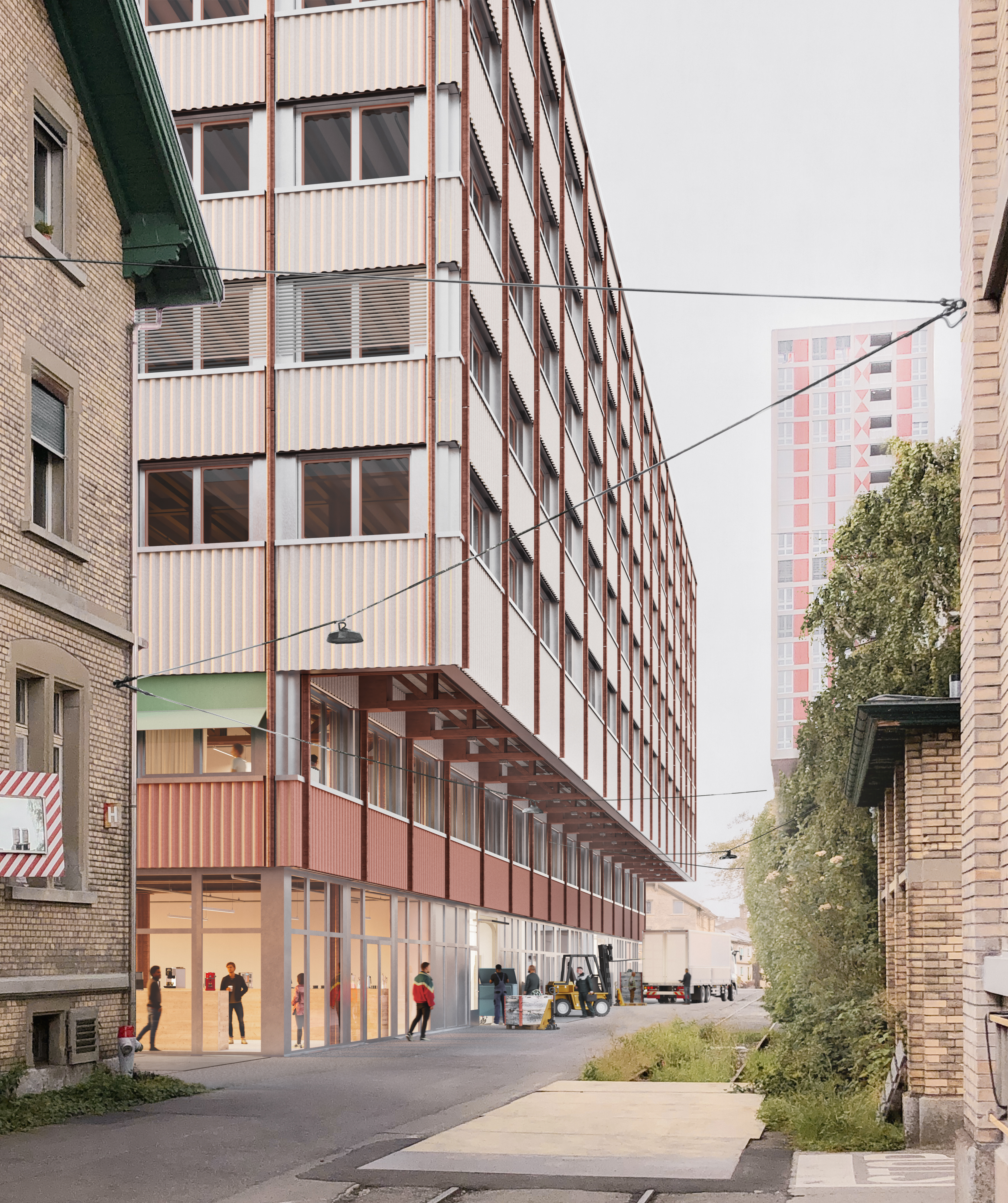 On Hohlgasse to the north, a covered delivery area is being created beneath the cantilevered upper storeys.