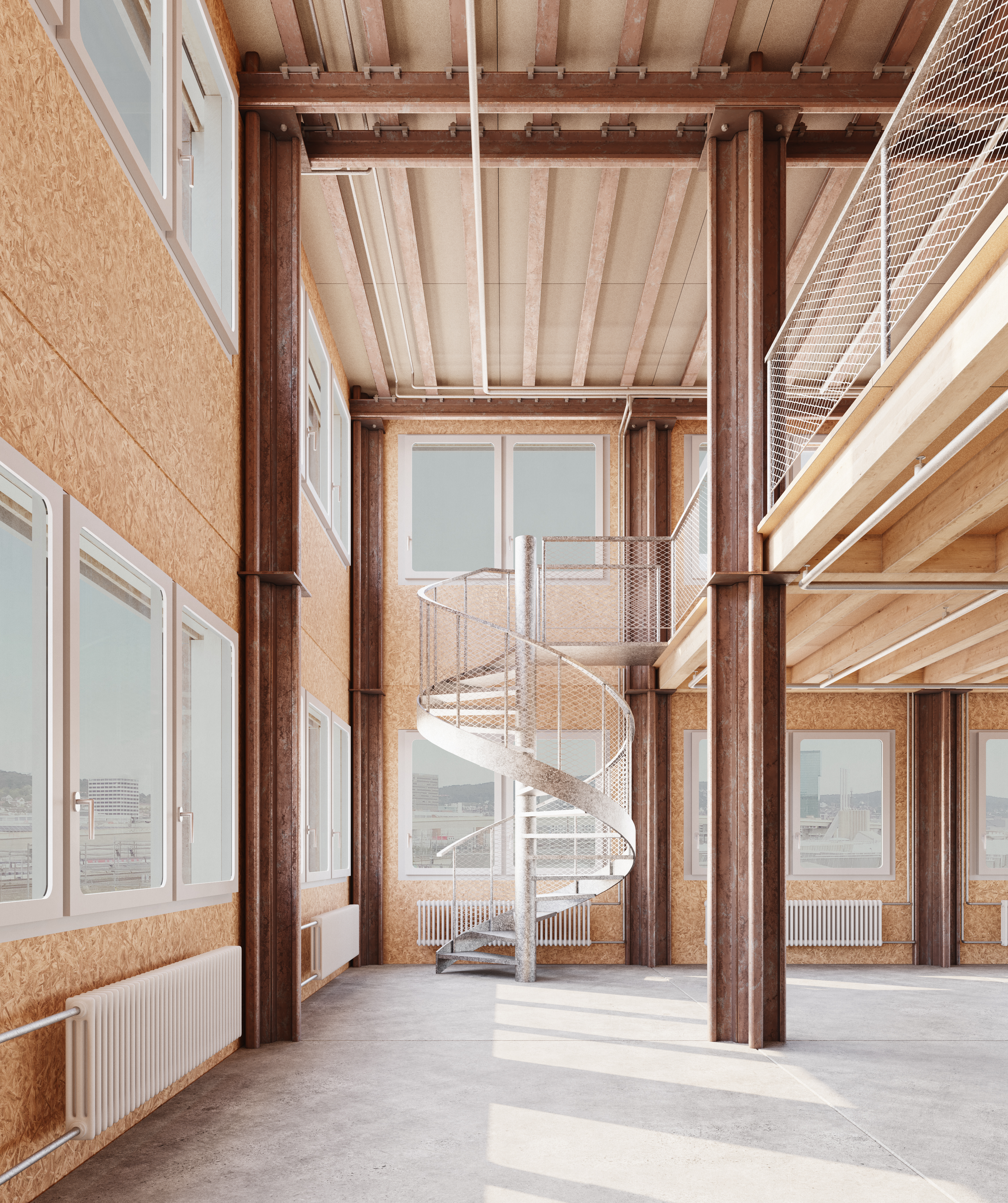 Spiral staircases lead up to recessed mezzanine levels on the upper storeys.
