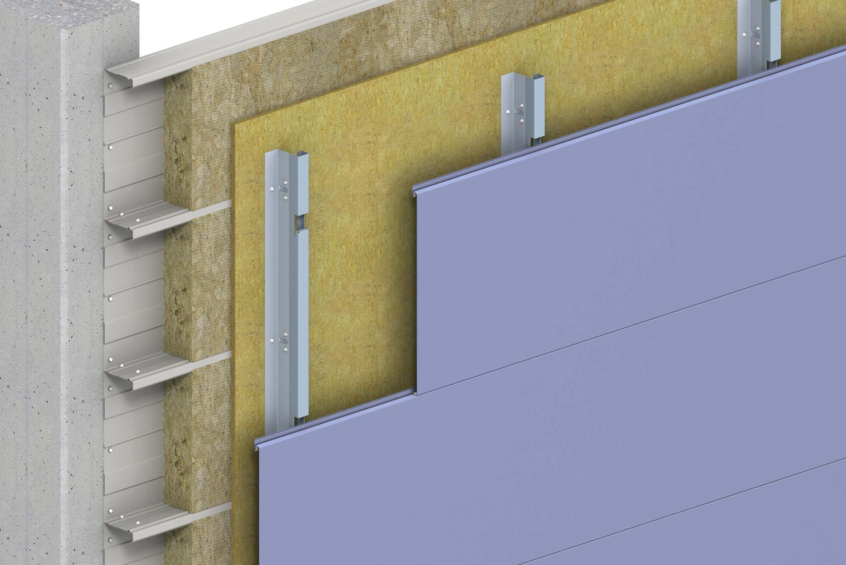 Eine hinterlüftete Domico Planum-Fassade waagrecht auf Kassetten-Innenschale mit Ausgleichswinkel und vorgesetzter Dämmung bis zu Rw 54 dB.