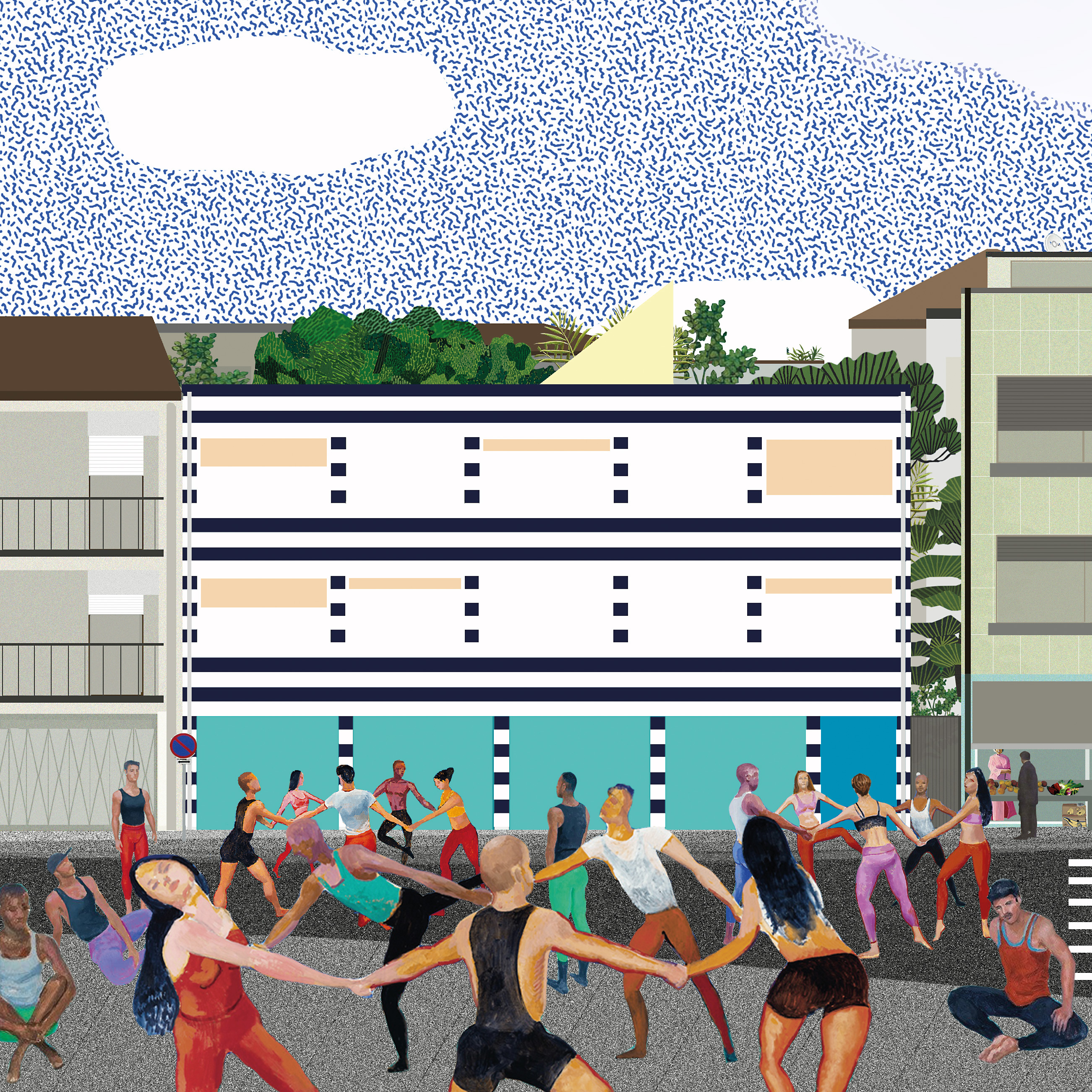 Bei der Collage zum Projekt 179 in Porto verwenden Fala die Tänzer von  David Hockney, um die Beliebtheit des Ortes zu illustrieren.