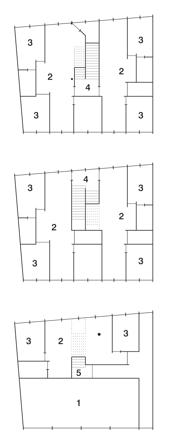 Grundrisse EG - 2.OG
Maßstab 1:400
1	Stellplätze
2	Wohnraum
3	Zimmer 
4	Treppenraum
5	Eingang