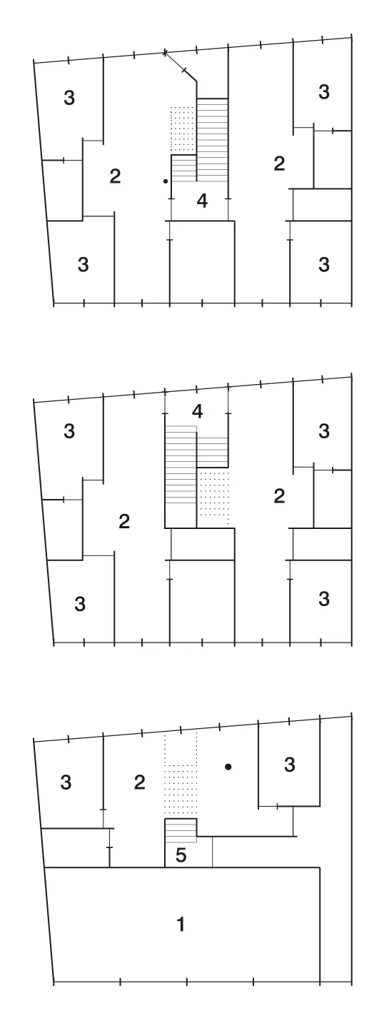Grundrisse EG - 2.OG
Maßstab 1:400
1	Stellplätze
2	Wohnraum
3	Zimmer 
4	Treppenraum
5	Eingang